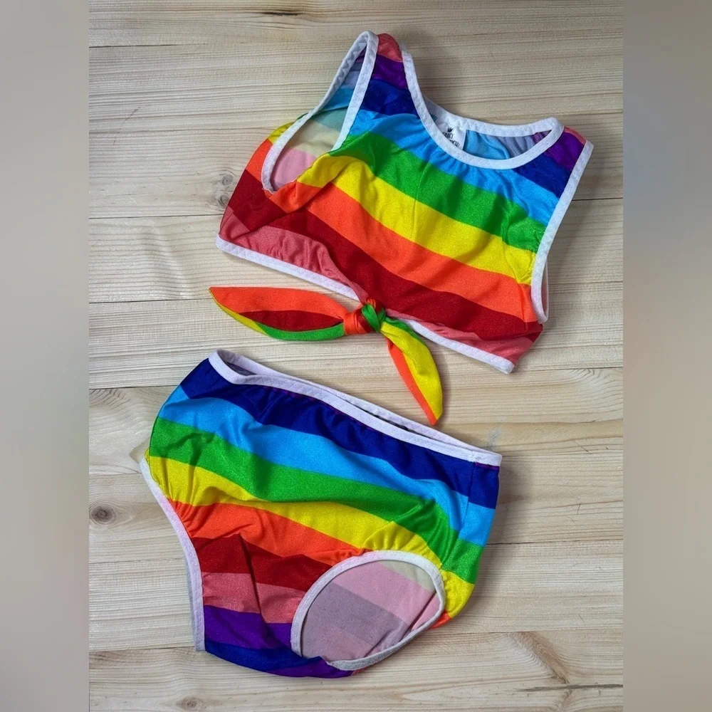 Fancy Schmancy Rainbow Bikini 3/4 Girls Two Piece Swim Set Bright Beach Cute